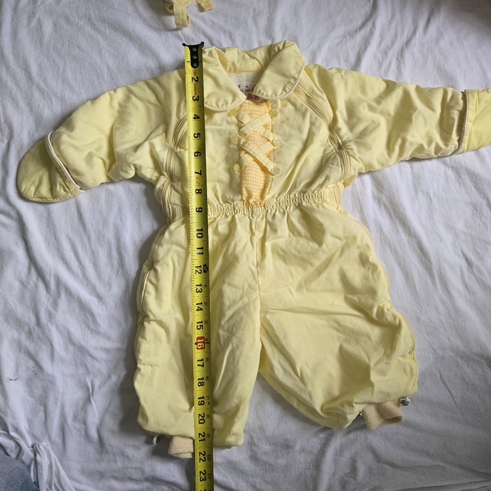 Vintage Yellow Pram Puss In Boots Baby Snowsuit with Hat, Mittens